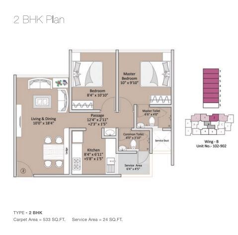 Floor plan of 2 BHK 533 Sq. Ft. Apartment in The Baya Goldspot, Mumbai