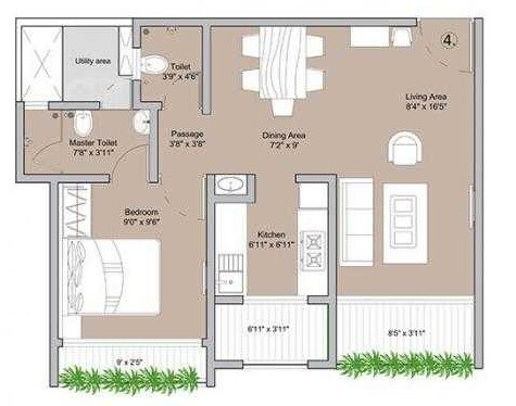 Floor plan of 1 BHK 398 Sq. Ft. Apartment in The Baya Grove, Mumbai