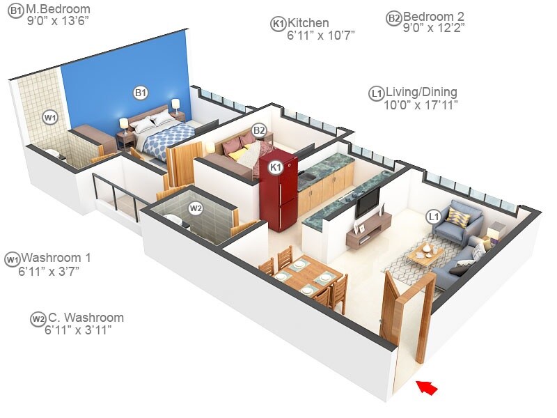 Floor plan of 2 BHK 634 Sq. Ft. Apartment in The Baya Junction, Mumbai