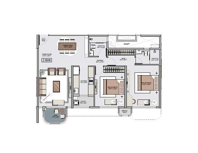 Floor plan of 2 BHK 788 Sq. Ft. Apartment in The Baya Marol, Mumbai