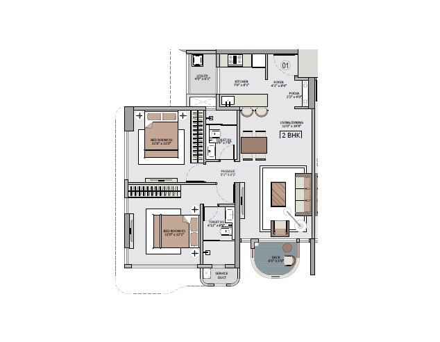 Floor plan of 2 BHK 933 Sq. Ft. Apartment in The Baya Marol, Mumbai