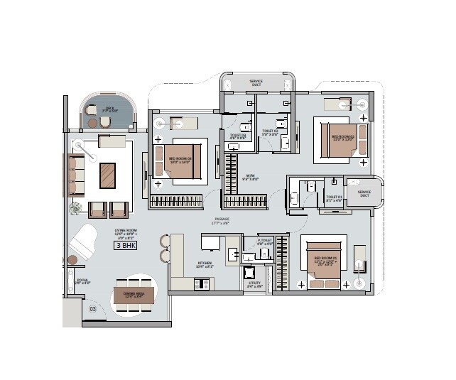 Floor plan of 3 BHK 1283 Sq. Ft. Apartment in The Baya Marol, Mumbai