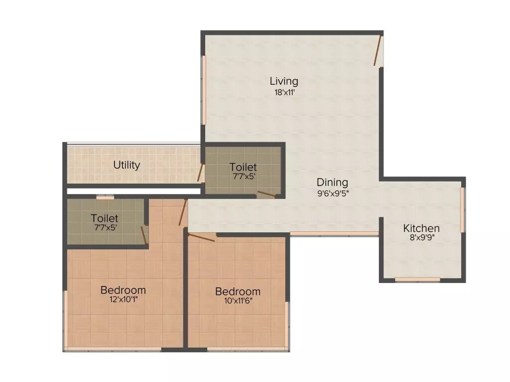 Floor plan of 2 BHK 806 Sq. Ft. Apartment in The Baya Park, Mumbai