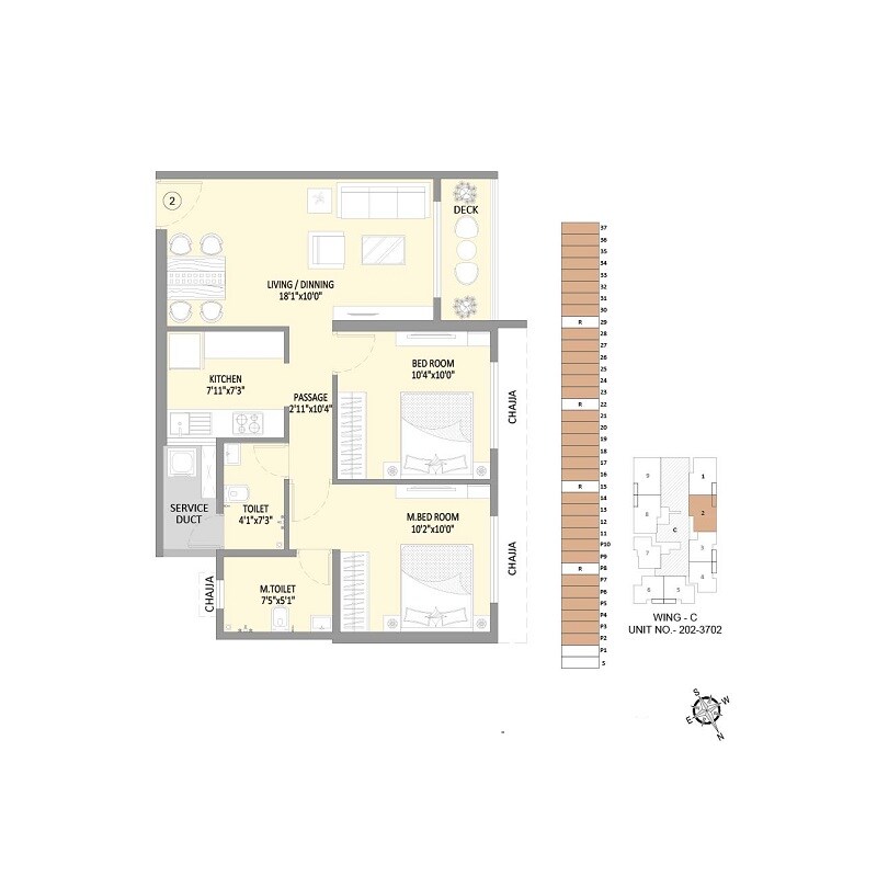 Floor plan of 2 BHK 844 Sq. Ft. Apartment in The Baya Sunrise, Mumbai