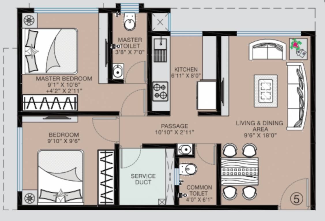 Floor plan of 2 BHK 553 Sq. Ft. Apartment in The Baya Victoria, Mumbai