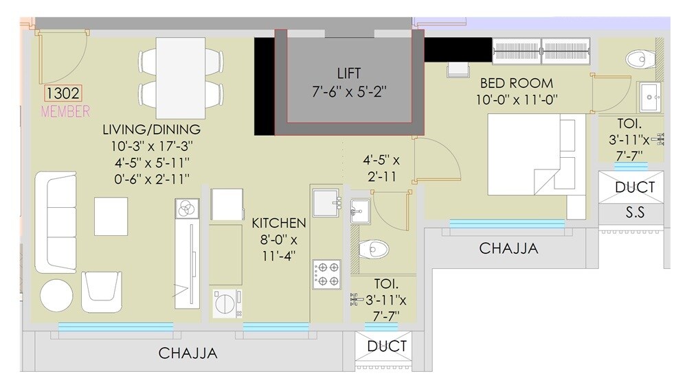 Floor plan of 1 BHK 497 Sq. Ft. Apartment in The Green Alfa CHS, Mumbai