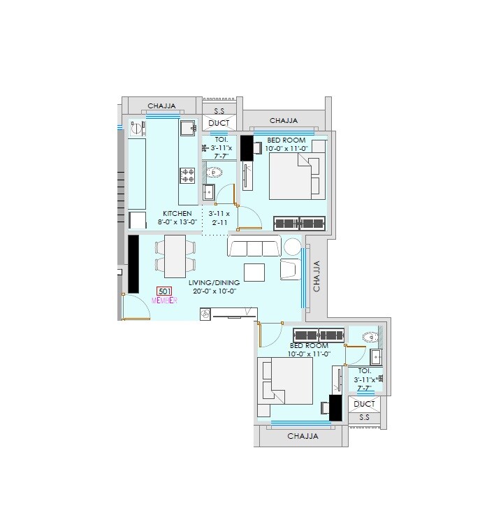 Floor plan of 2 BHK 674 Sq. Ft. Apartment in The Green Alfa CHS, Mumbai