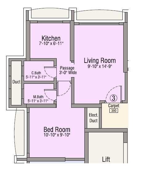 Floor plan of 1 BHK 390 Sq. Ft. Apartment in The Makwana Om Palace, Mumbai