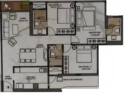 Floor plan of 3 BHK 1116 Sq. Ft. Apartment in The Park Residency Andheri, Mumbai