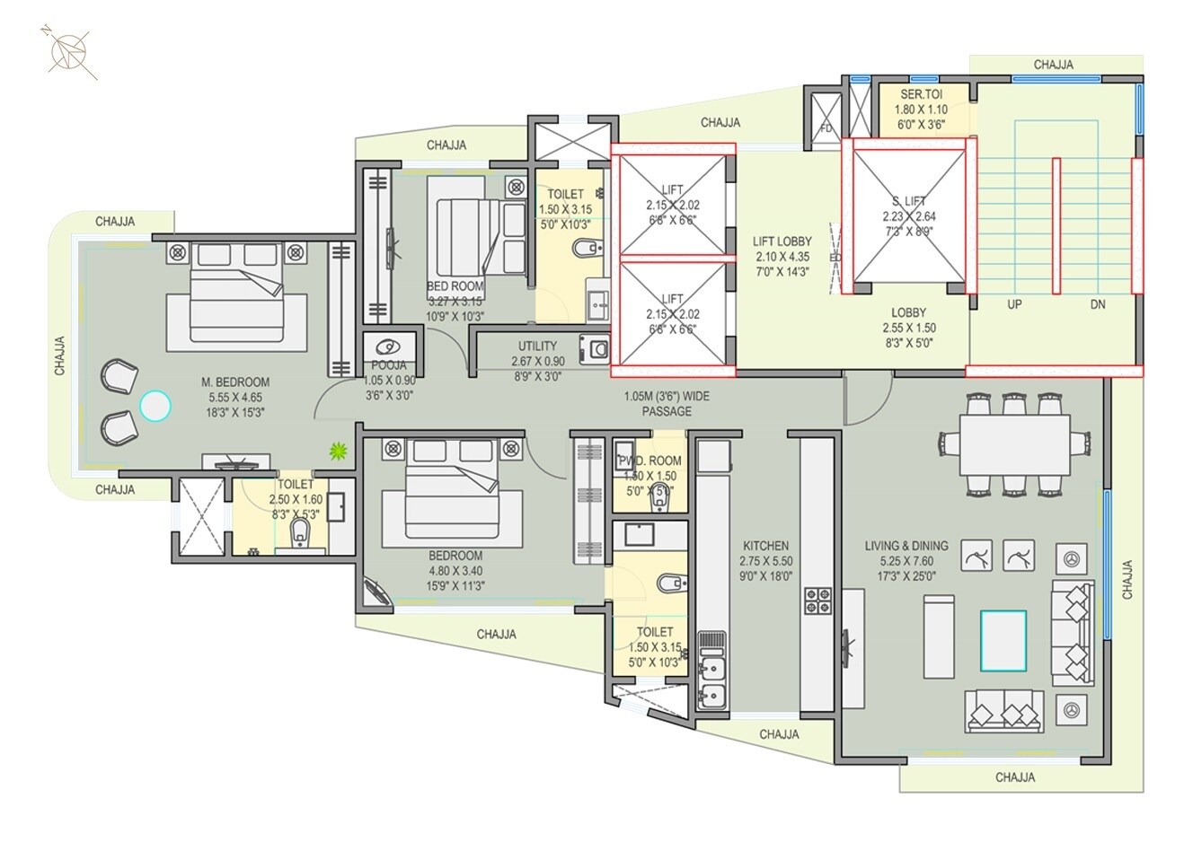 Floor plan of 3 BHK 1548 Sq. Ft. Apartment in The South Bay, Mumbai