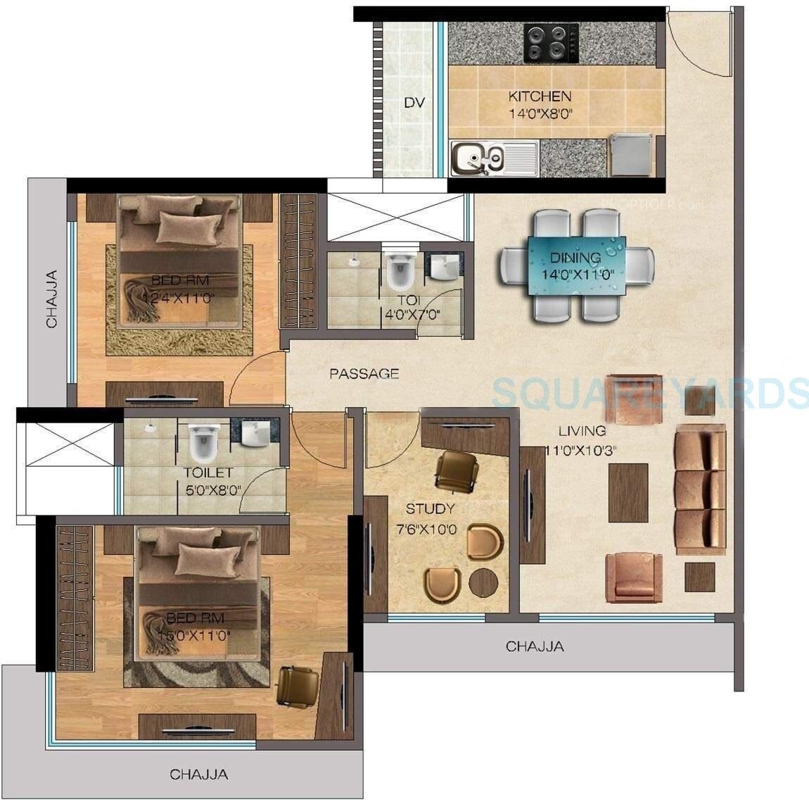 Floor plan of 2 BHK 710 Sq. Ft. Apartment in The Wadhwa Anmol Fortune, Mumbai