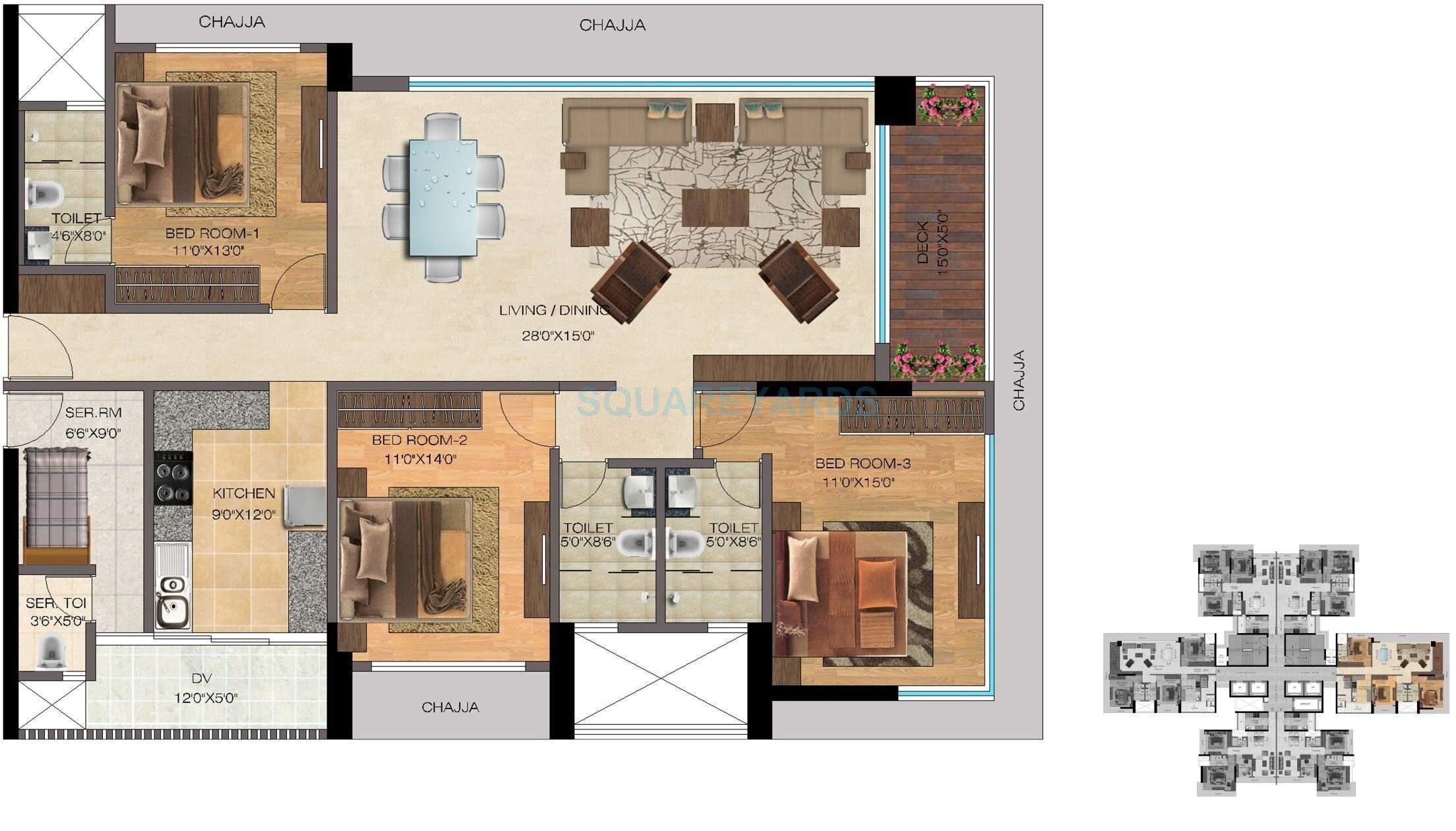 Floor plan of 3 BHK 1486 Sq. Ft. Apartment in The Wadhwa Anmol Fortune, Mumbai