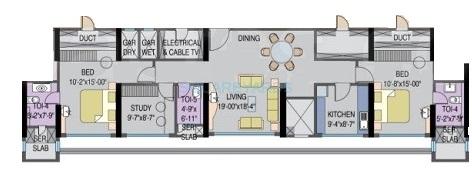 Floor plan of 2 BHK 1650 Sq. Ft. Apartment in The Wadhwa Anmol Prestige, Mumbai