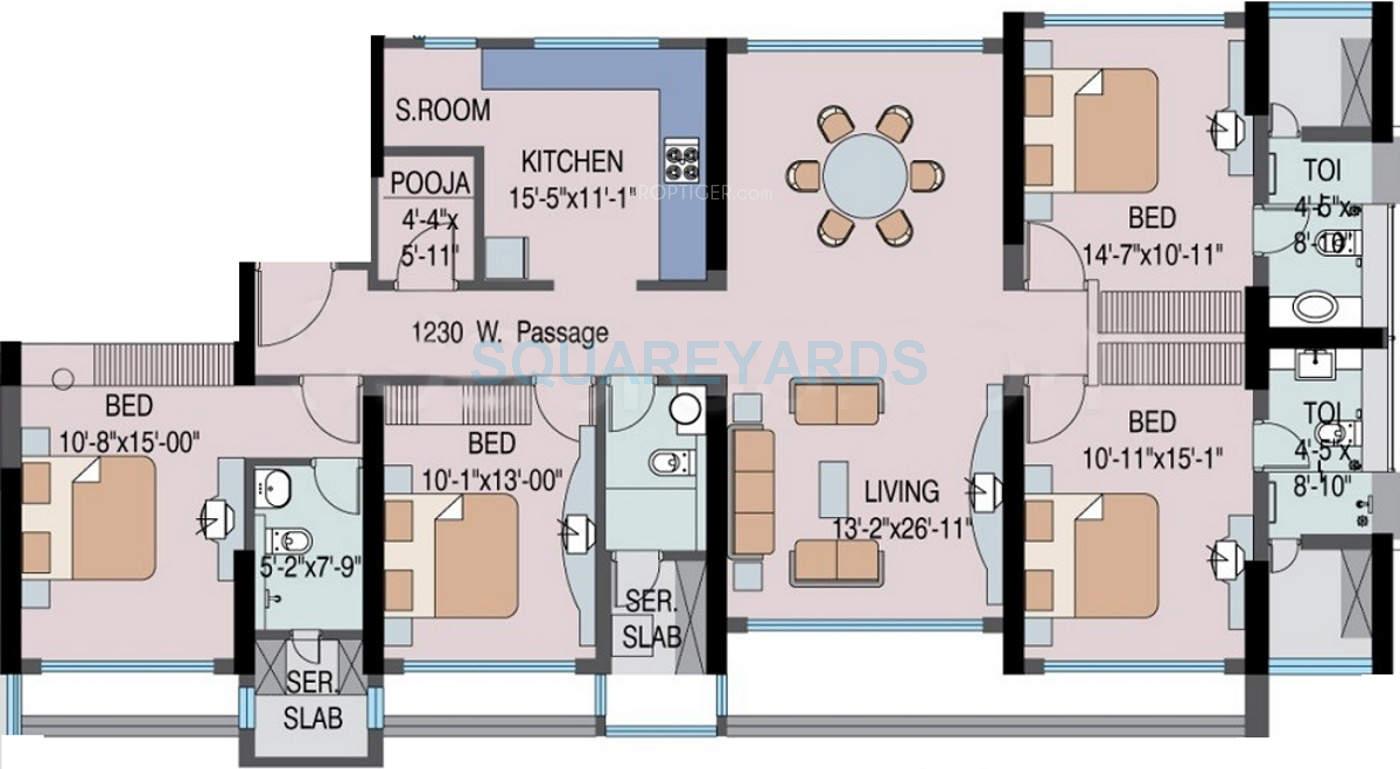 Floor plan of 4 BHK 2285 Sq. Ft. Apartment in The Wadhwa Anmol Prestige, Mumbai