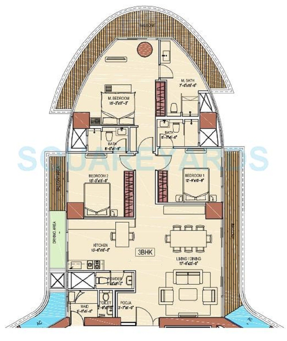 Floor plan of 3 BHK 1638 Sq. Ft. Apartment in The Wadhwa Aquaria Grande, Mumbai