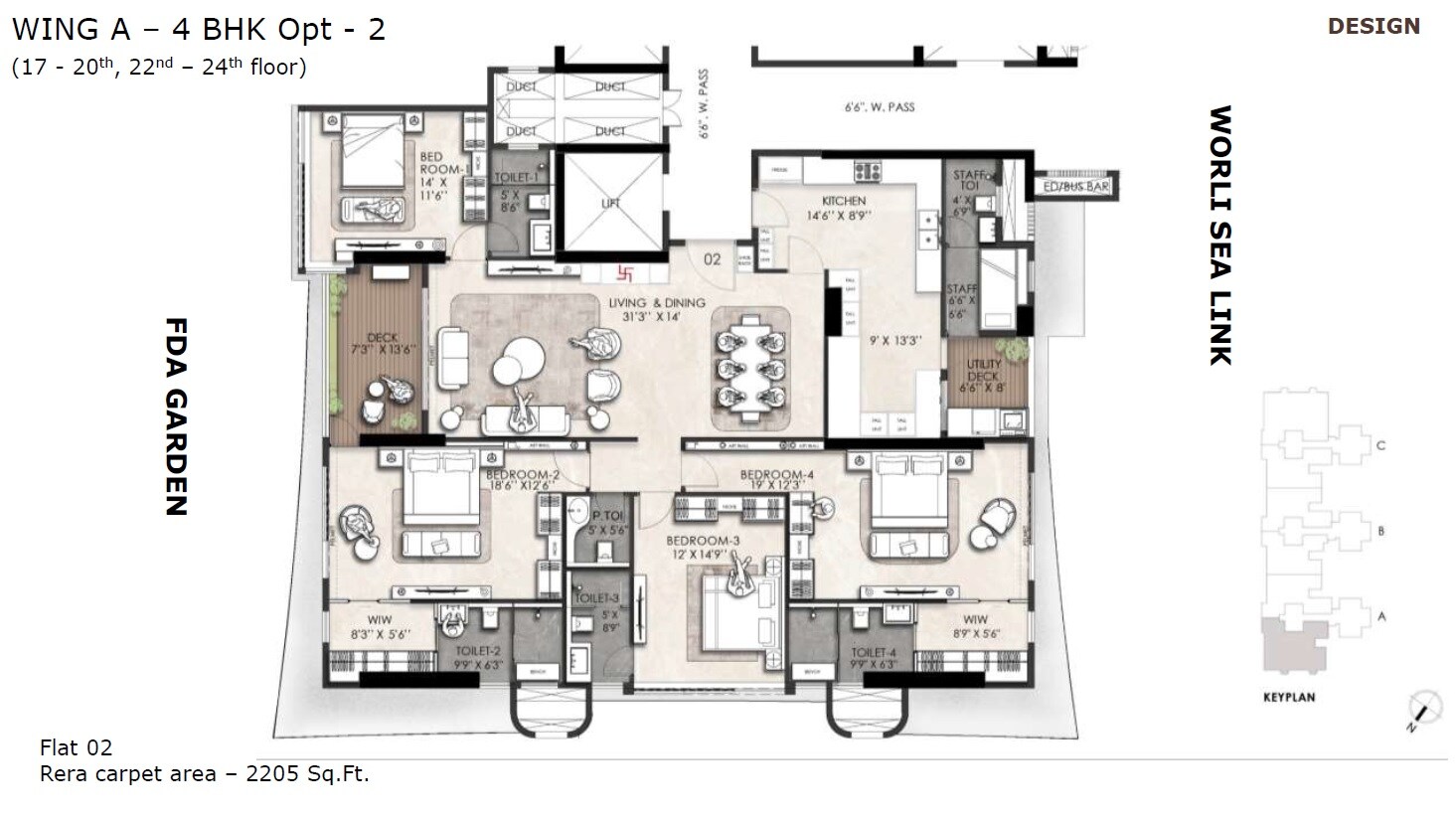 Floor plan of 4 BHK 2205 Sq. Ft. Apartment in The Wadhwa Artek Park, Mumbai
