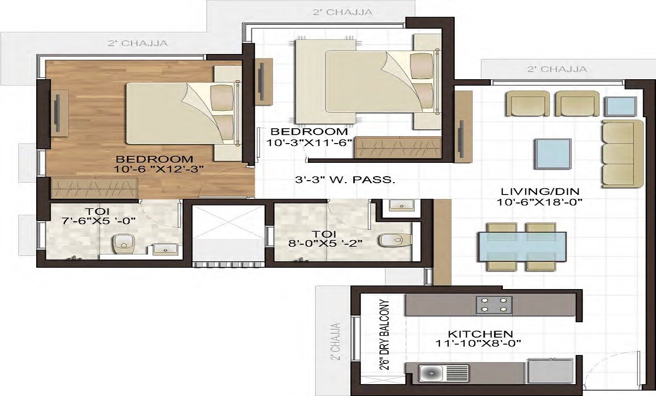 Floor plan of 2 BHK 709 Sq. Ft. Apartment in The Wadhwa Atmosphere, Mumbai