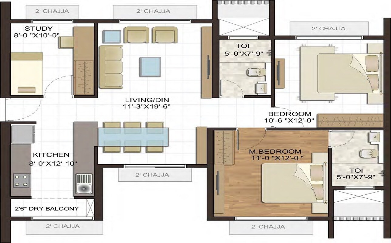 Floor plan of 2 BHK 790 Sq. Ft. Apartment in The Wadhwa Atmosphere, Mumbai
