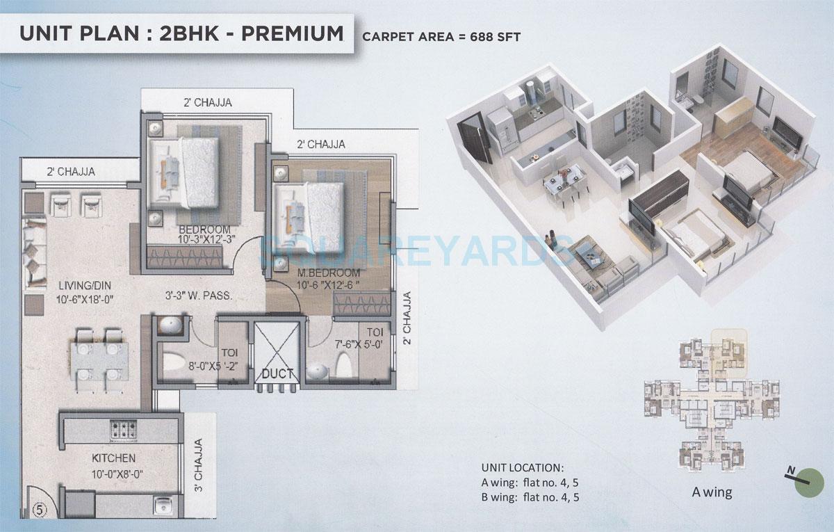 Floor plan of 2 BHK 688 Sq. Ft. Apartment in The Wadhwa Atmosphere, Mumbai