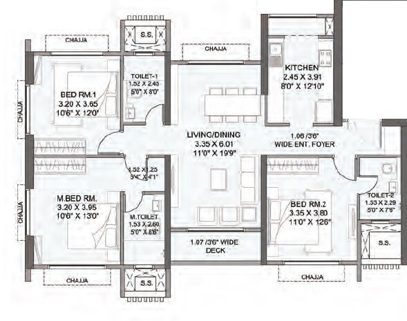 Floor plan of 3 BHK 1056 Sq. Ft. Apartment in The Wadhwa Atmosphere, Mumbai