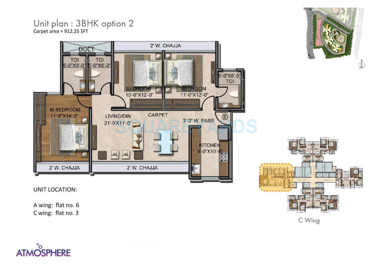 Floor plan of 3 BHK 921 Sq. Ft. Apartment in The Wadhwa Atmosphere, Mumbai