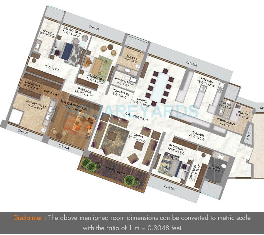 Floor plan of 4 BHK 2955 Sq. Ft. Apartment in The Wadhwa Address Panorama, Mumbai