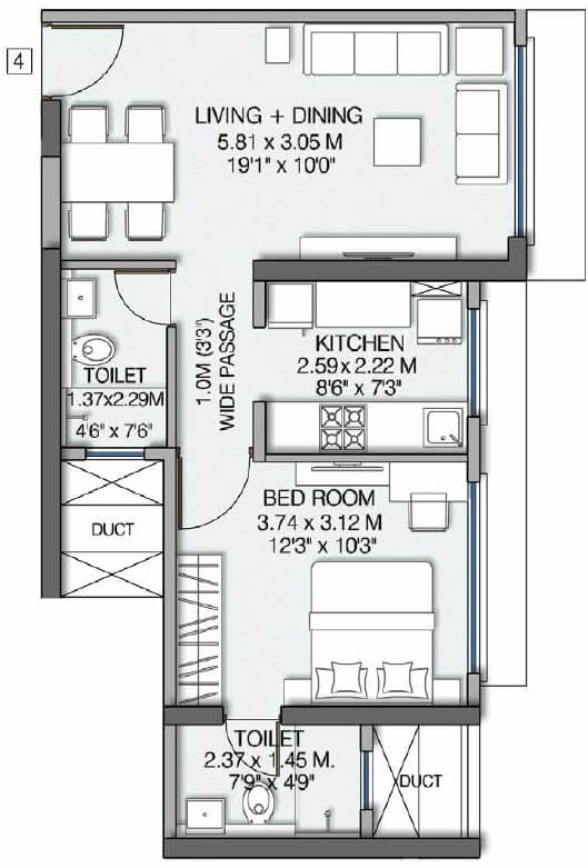 Floor plan of 1 BHK 503 Sq. Ft. Apartment in Wadhwa Pristine, Mumbai