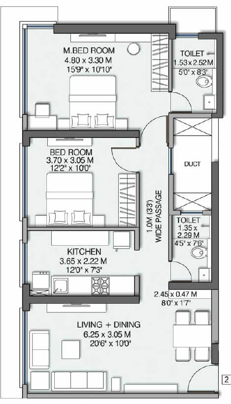 Floor plan of 2 BHK 780 Sq. Ft. Apartment in Wadhwa Pristine, Mumbai