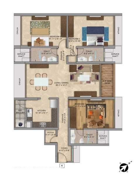Floor plan of 3 BHK 1306 Sq. Ft. Apartment in The Wadhwa The Address, Mumbai