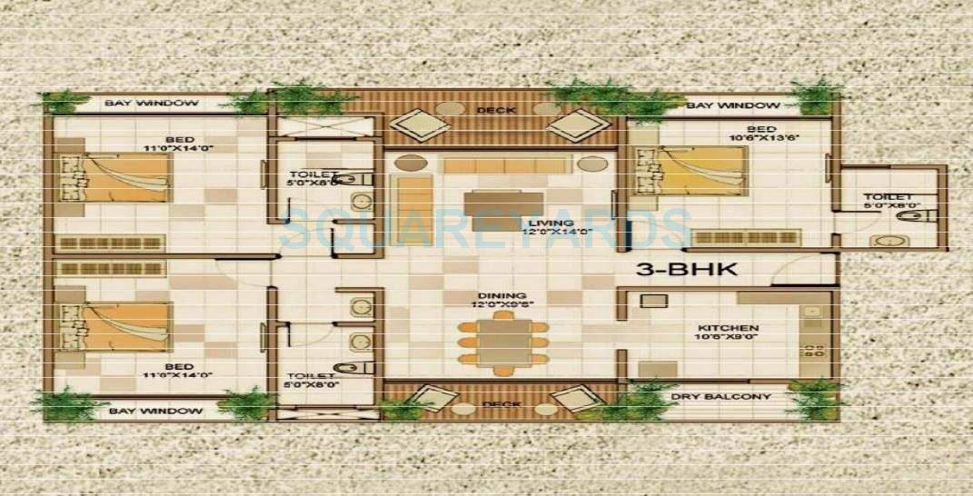 Floor plan of 3 BHK 1170 Sq. Ft. Apartment in The Wadhwa The Address, Mumbai