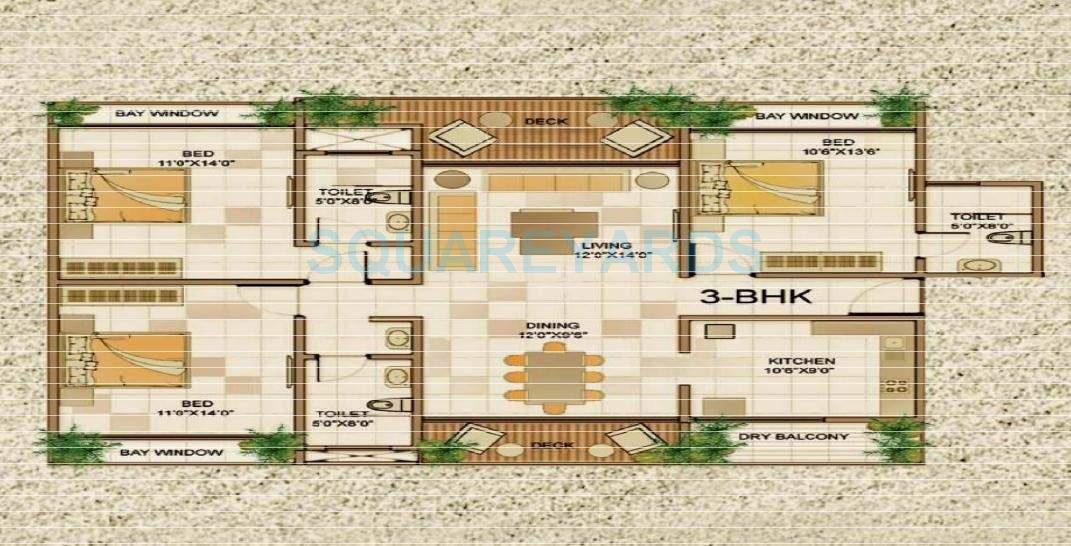 Floor plan of 3 BHK 1276 Sq. Ft. Apartment in The Wadhwa The Address, Mumbai