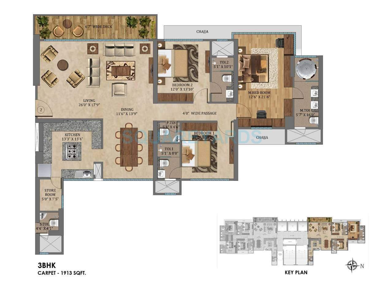 Floor plan of 3 BHK 1913 Sq. Ft. Apartment in The Wadhwa W54, Mumbai