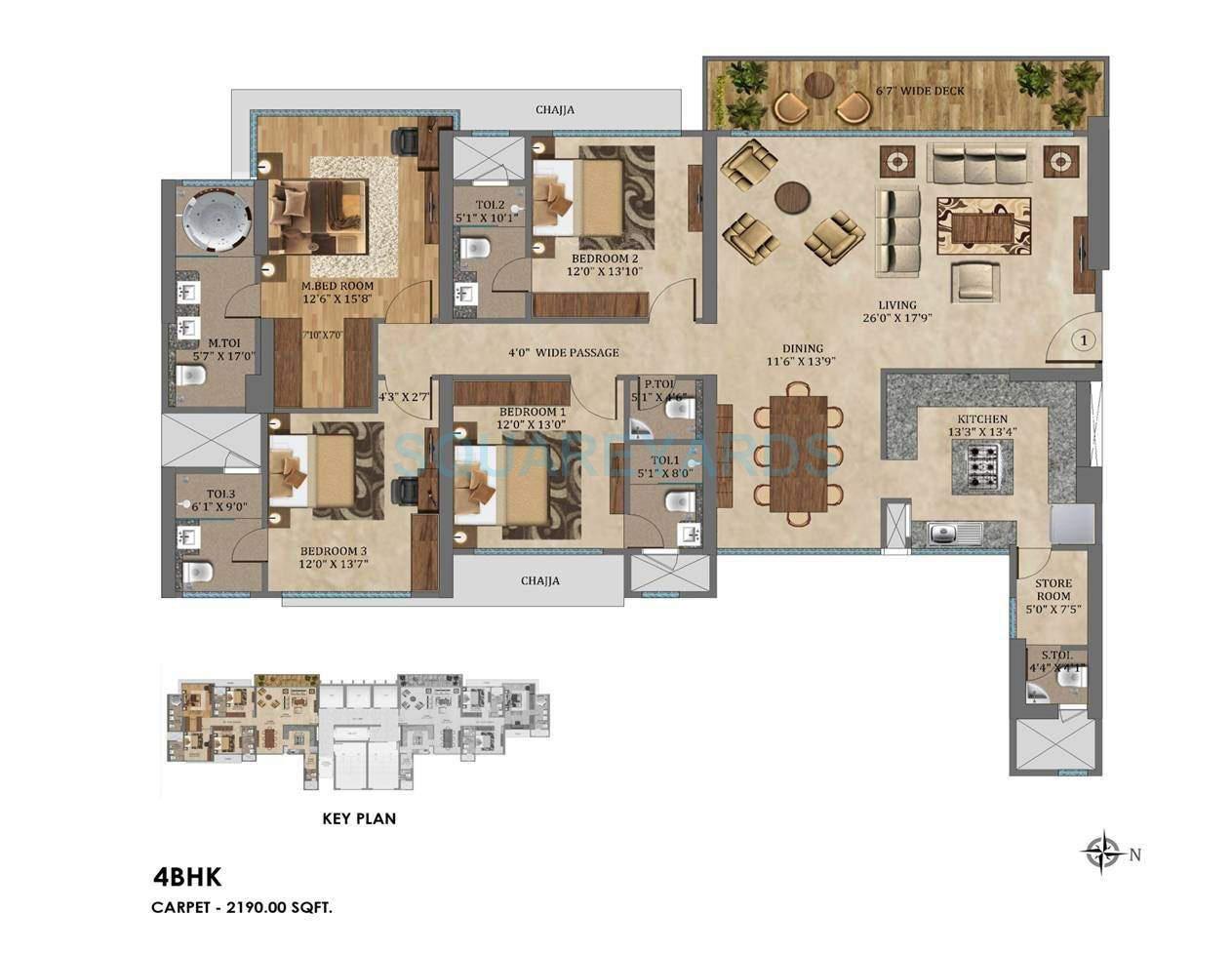 Floor plan of 4 BHK 2190 Sq. Ft. Apartment in The Wadhwa W54, Mumbai