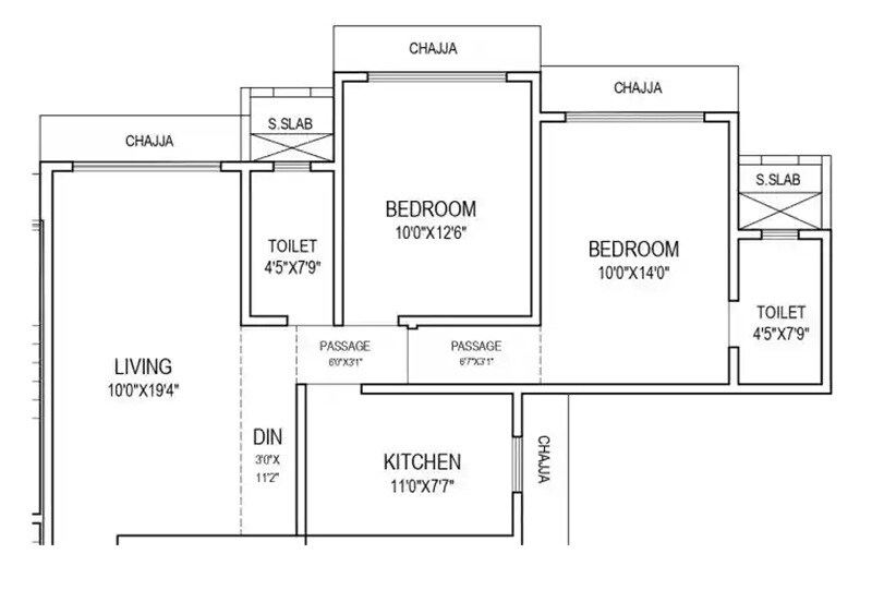Floor plan of 2 BHK 770 Sq. Ft. Apartment in Thoroughbred Pride Rock, Mumbai