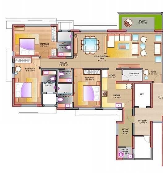 Floor plan of 3 BHK 1631 Sq. Ft. Apartment in Tiara Court, Mumbai