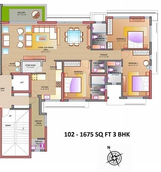 Floor plan of 3 BHK 1675 Sq. Ft. Apartment in Tiara Court, Mumbai