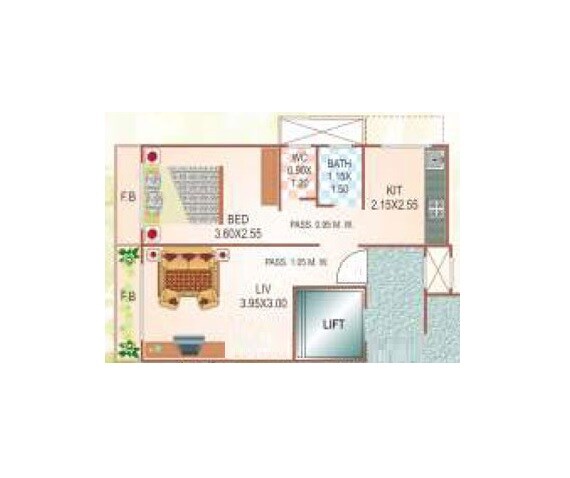 Floor plan of 1 BHK 728 Sq. Ft. Apartment in Tilak Nagar Building, Mumbai