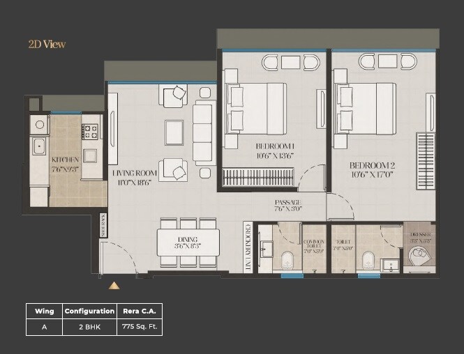 Floor plan of 2 BHK 775 Sq. Ft. Apartment in Time Gold Residences, Mumbai