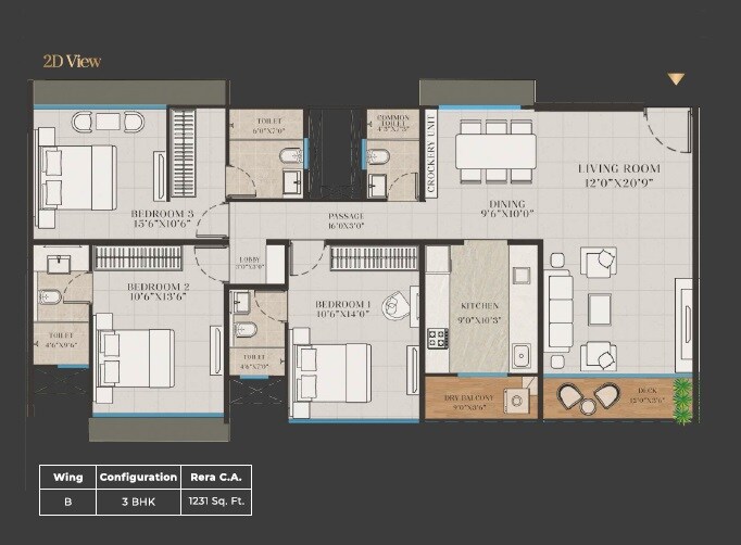 Floor plan of 3 BHK 1231 Sq. Ft. Apartment in Time Gold Residences, Mumbai