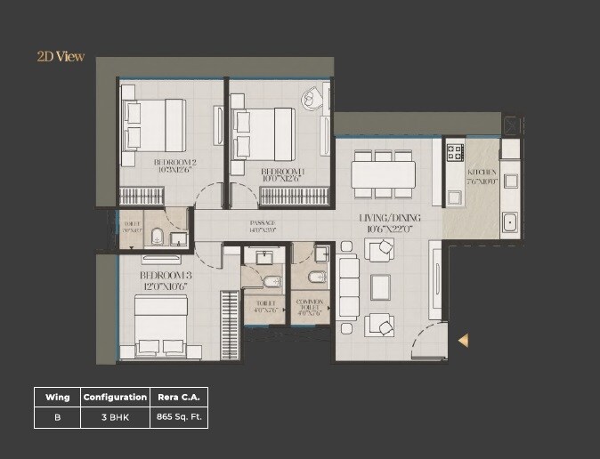 Floor plan of 3 BHK 865 Sq. Ft. Apartment in Time Gold Residences, Mumbai