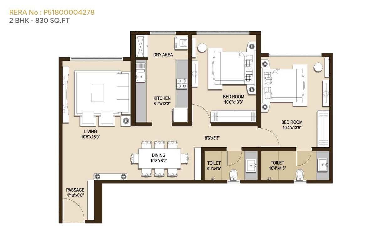 Floor plan of 3 BHK 830 Sq. Ft. Apartment in Tirumala Habitats, Mumbai