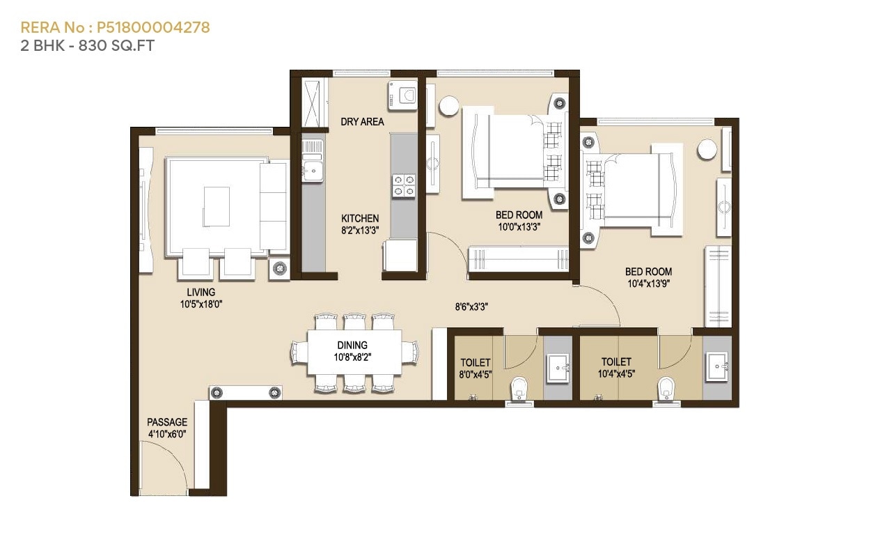 3 BHK 830 Sq. Ft. Apartment