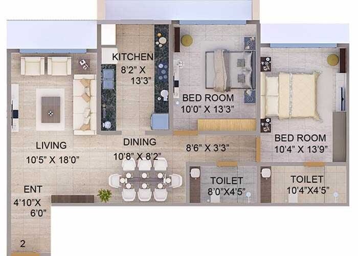 Floor plan of 2 BHK 802 Sq. Ft. Apartment in Tirumala Habitats, Mumbai