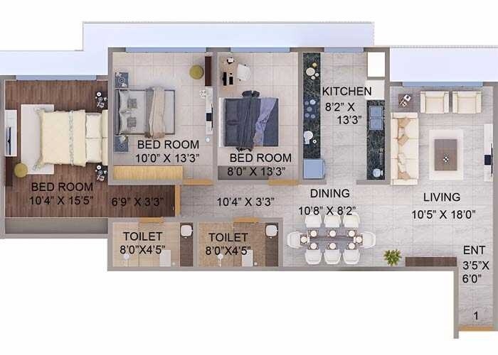 Floor plan of 4 BHK 975 Sq. Ft. Apartment in Tirumala Habitats, Mumbai