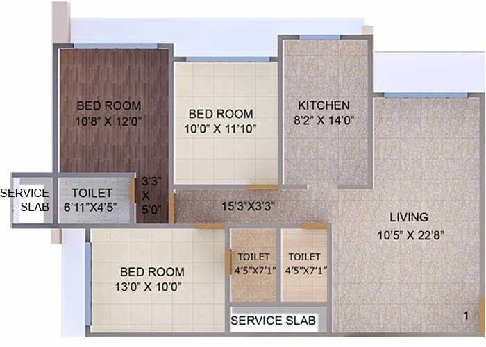 Floor plan of 3 BHK 980 Sq. Ft. Apartment in Tirumala Habitats, Mumbai