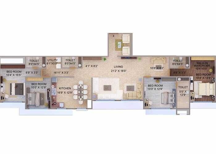 Floor plan of 4 BHK 1830 Sq. Ft. Apartment in Tirumala Habitats, Mumbai