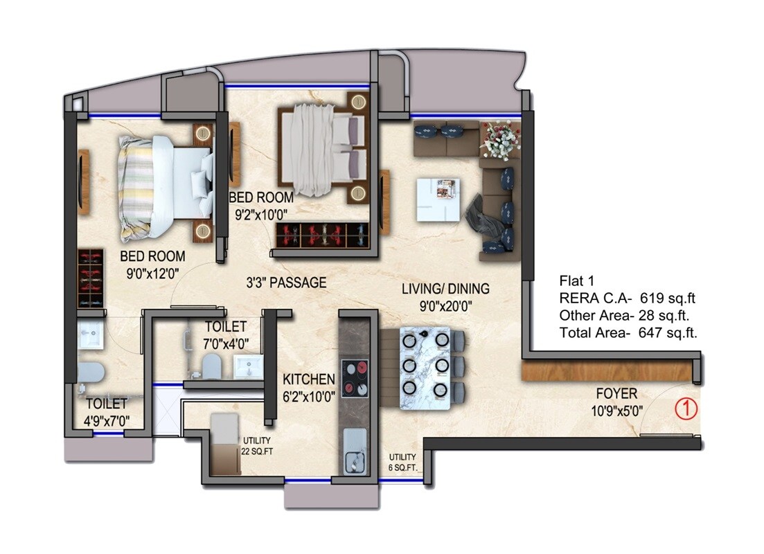 Floor plan of 2 BHK 647 Sq. Ft. Apartment in Trans Prince Tower, Mumbai