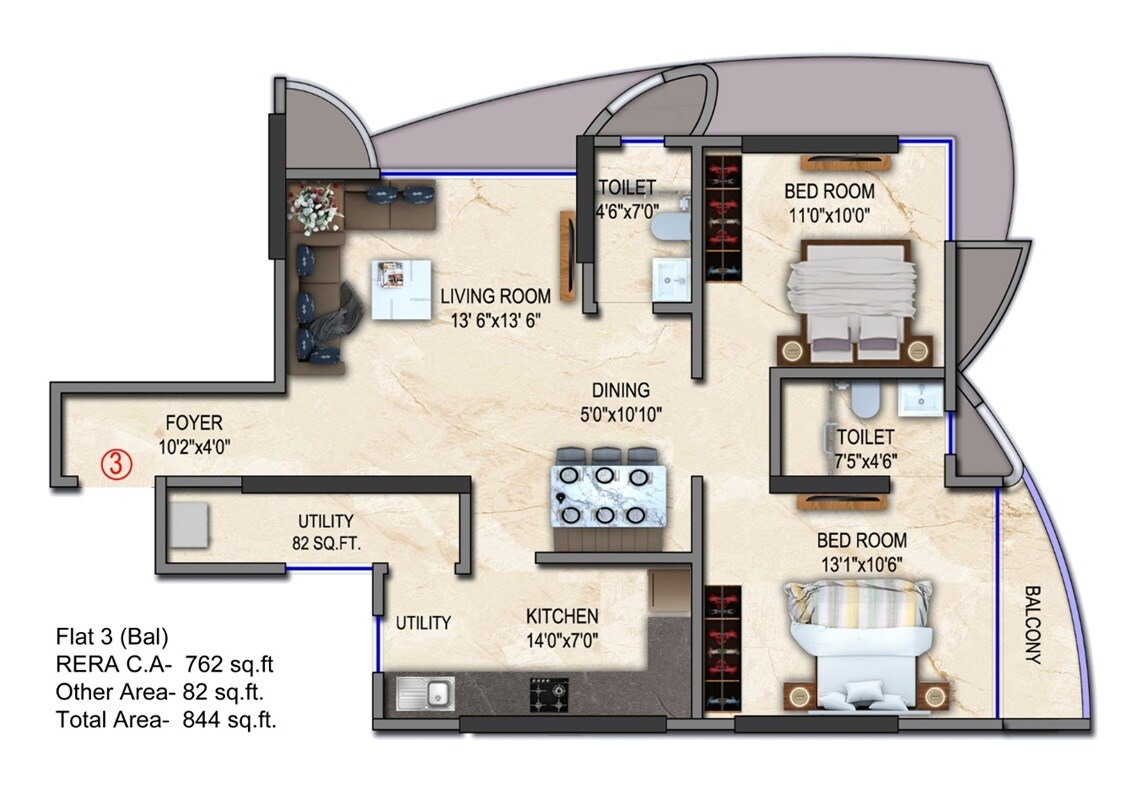 Floor plan of 2 BHK 844 Sq. Ft. Apartment in Trans Prince Tower, Mumbai