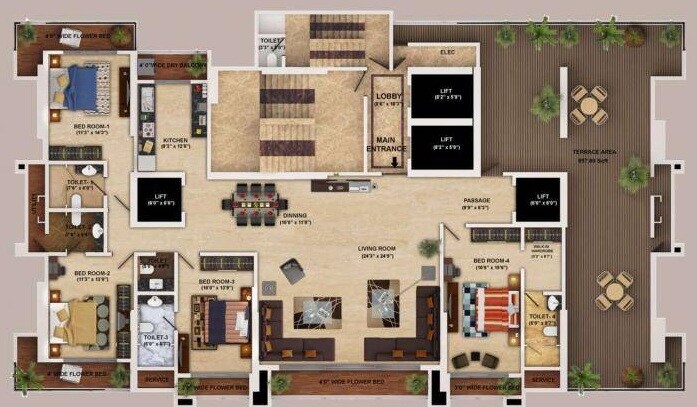 Floor plan of 4 BHK 2950 Sq. Ft. Apartment in Transcon Flora Heights, Mumbai