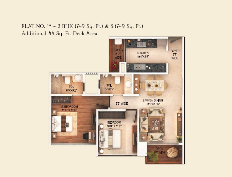 Floor plan of 2 BHK 749 Sq. Ft. Apartment in Transcon Fortune 500, Mumbai